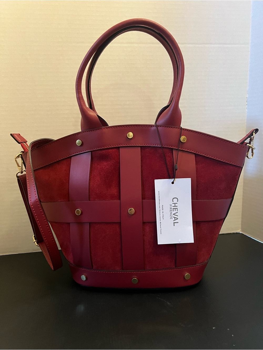 Red Mixed-Material Tote Bag